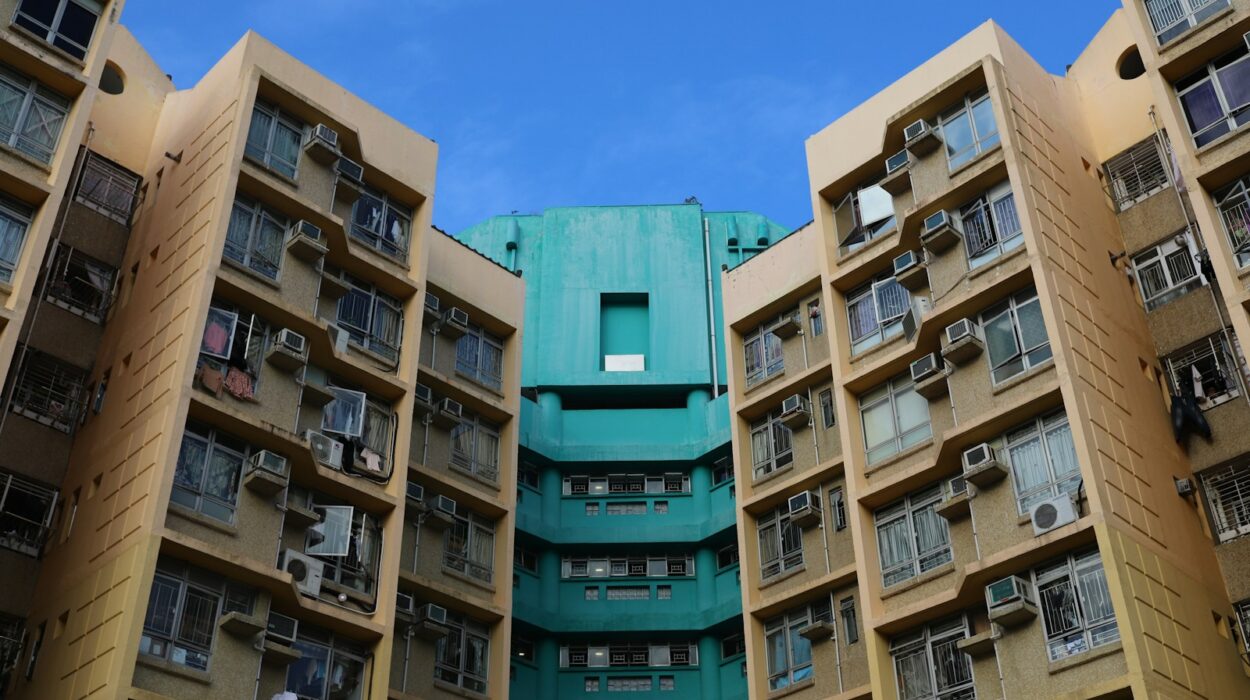architectural photography of brown and blue building