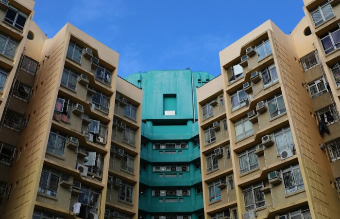 architectural photography of brown and blue building